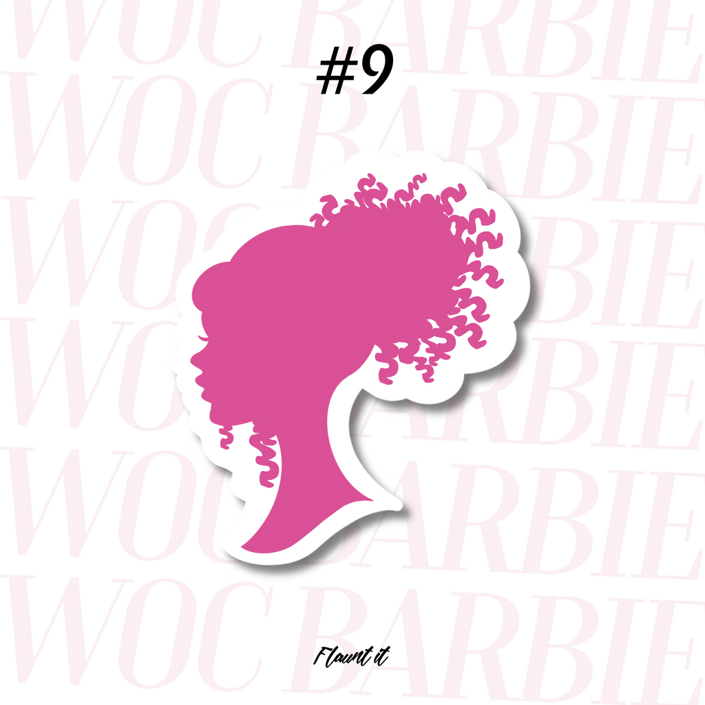 Pink silhouette of a woman with kinky curly hair in a ponytail with a side bang.