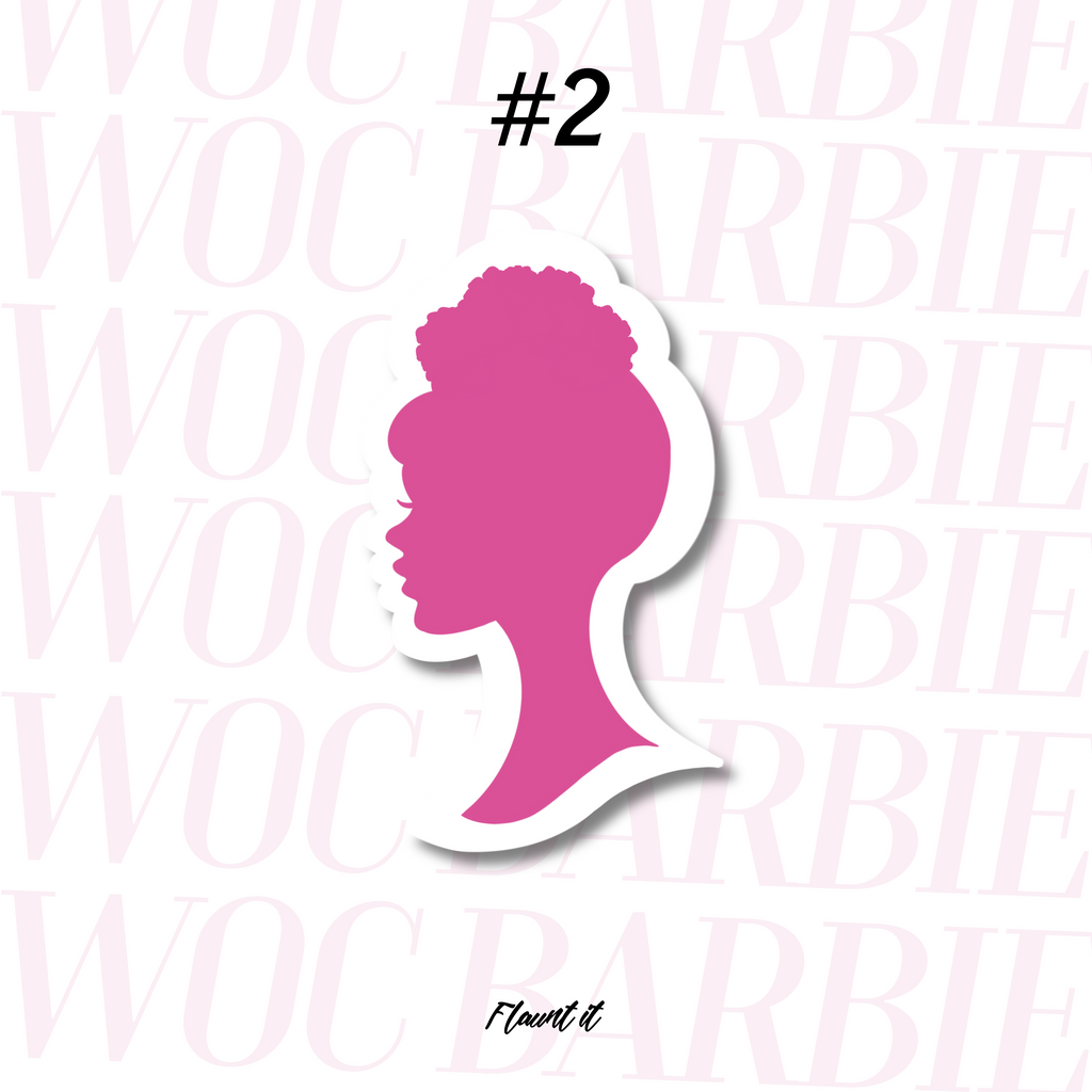 Pink silhouette of a woman with an afro puff on the crown of the head.